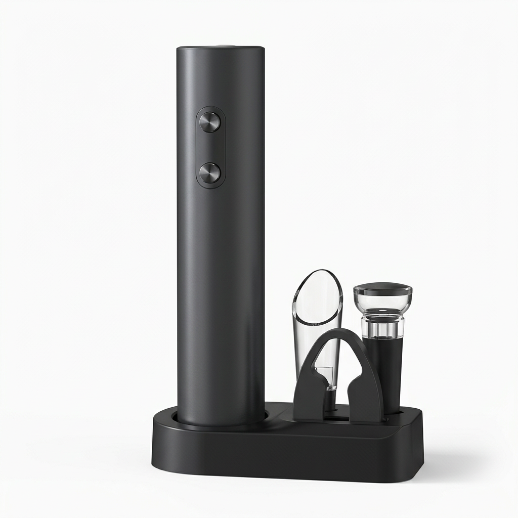 Clean studio photograph of the electric wine opener set