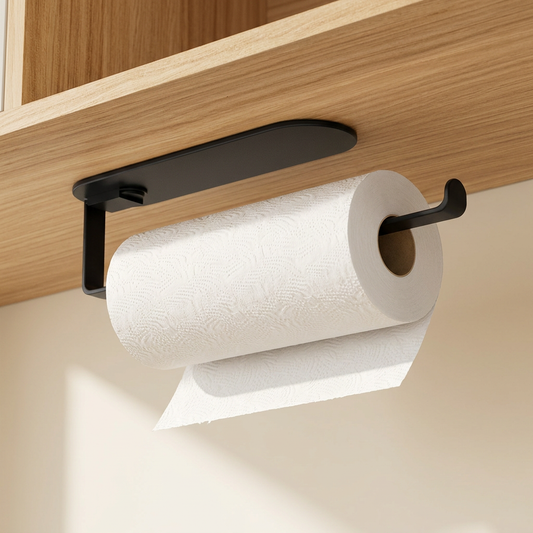 Detailed close-up of the paper towel holder in use