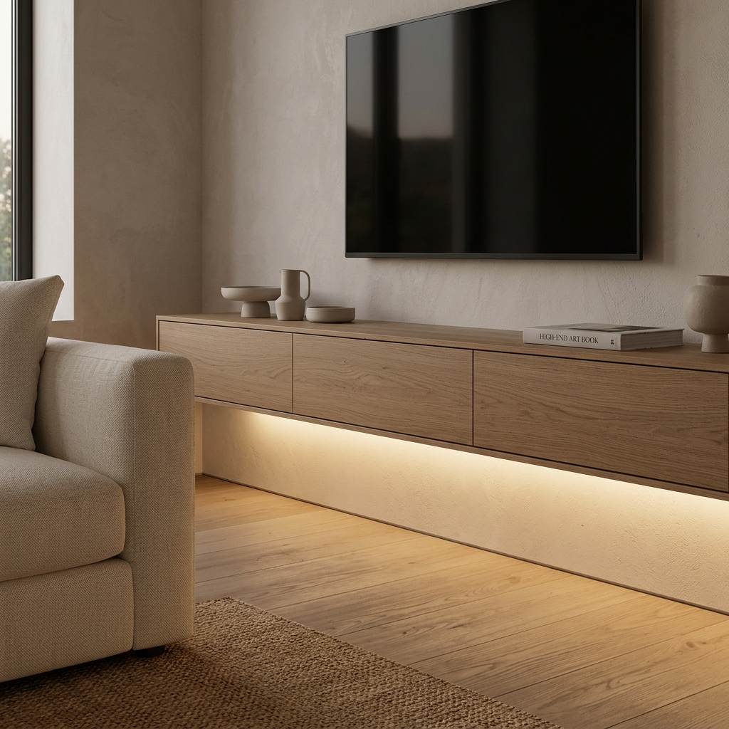 LED strip accent lighting beneath a living-room console