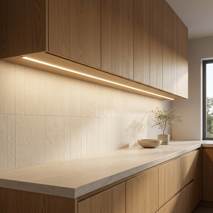 Warm LED strip lighting underneath kitchen cabinets